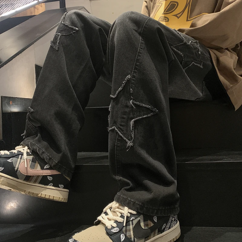 Y2K Vintage Women Jeans Streetwear Oversize Star Aesthetic Straight Trousers Wide Leg Grunge Denim Pant Men Clothes Korean Pants