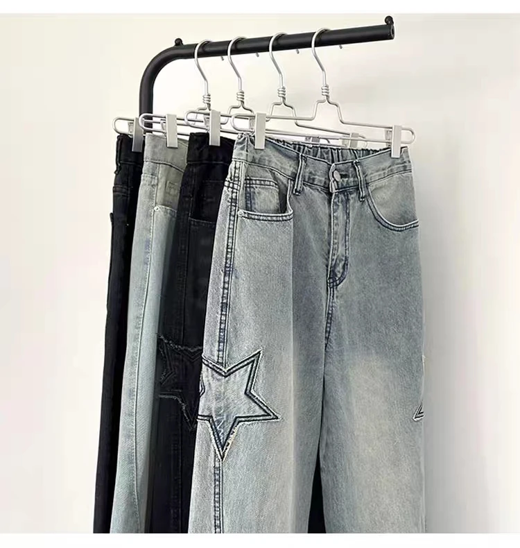 Y2K Vintage Women Jeans Streetwear Oversize Star Aesthetic Straight Trousers Wide Leg Grunge Denim Pant Men Clothes Korean Pants