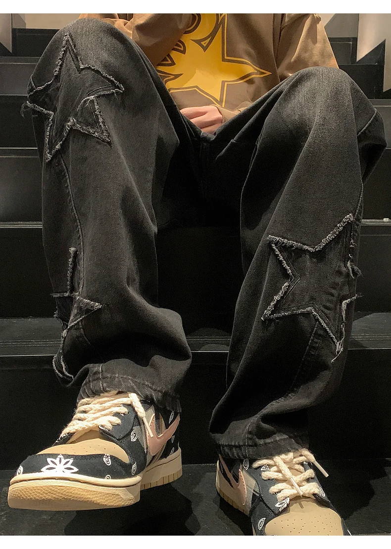 Y2K Vintage Women Jeans Streetwear Oversize Star Aesthetic Straight Trousers Wide Leg Grunge Denim Pant Men Clothes Korean Pants