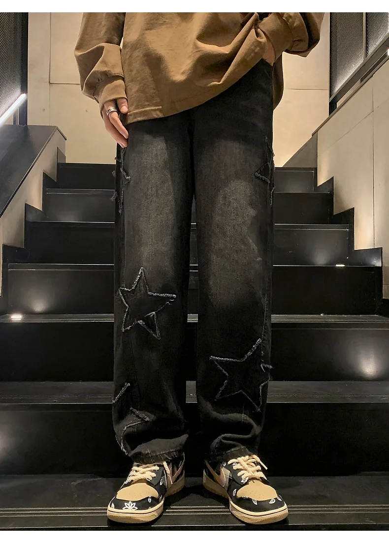 Y2K Vintage Women Jeans Streetwear Oversize Star Aesthetic Straight Trousers Wide Leg Grunge Denim Pant Men Clothes Korean Pants