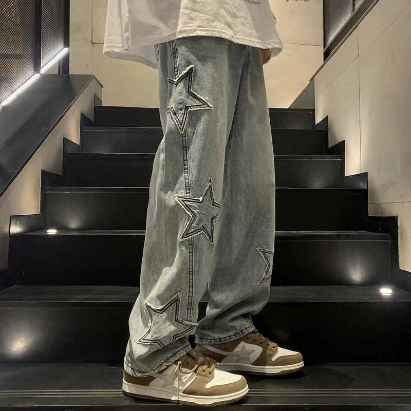 Y2K Vintage Women Jeans Streetwear Oversize Star Aesthetic Straight Trousers Wide Leg Grunge Denim Pant Men Clothes Korean Pants