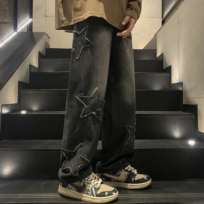 Y2K Vintage Women Jeans Streetwear Oversize Star Aesthetic Straight Trousers Wide Leg Grunge Denim Pant Men Clothes Korean Pants