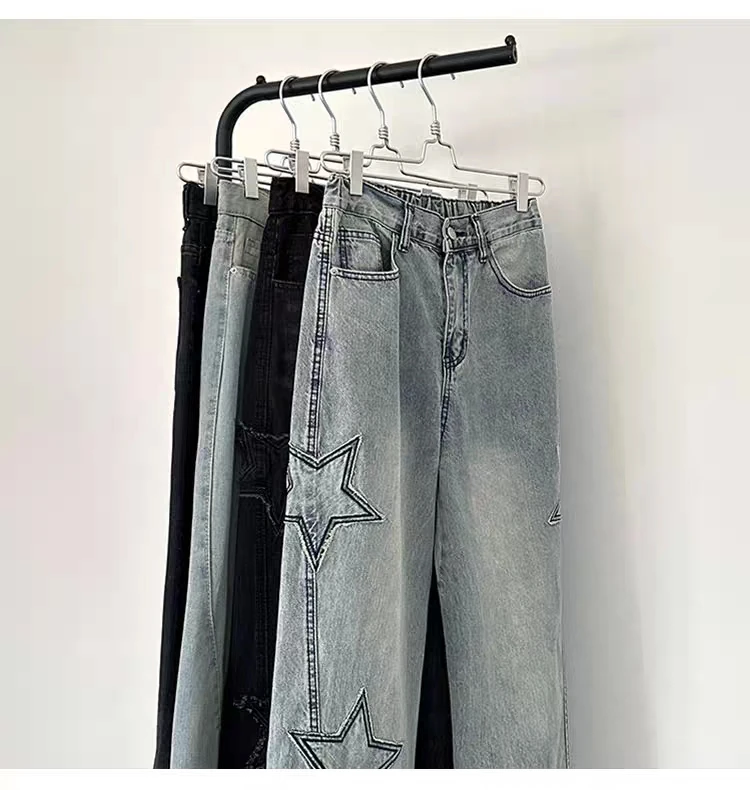 Y2K Vintage Women Jeans Streetwear Oversize Star Aesthetic Straight Trousers Wide Leg Grunge Denim Pant Men Clothes Korean Pants