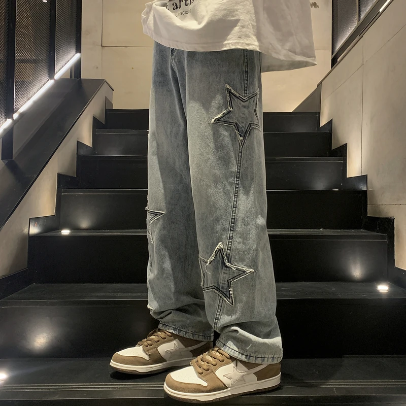 Y2K Vintage Women Jeans Streetwear Oversize Star Aesthetic Straight Trousers Wide Leg Grunge Denim Pant Men Clothes Korean Pants