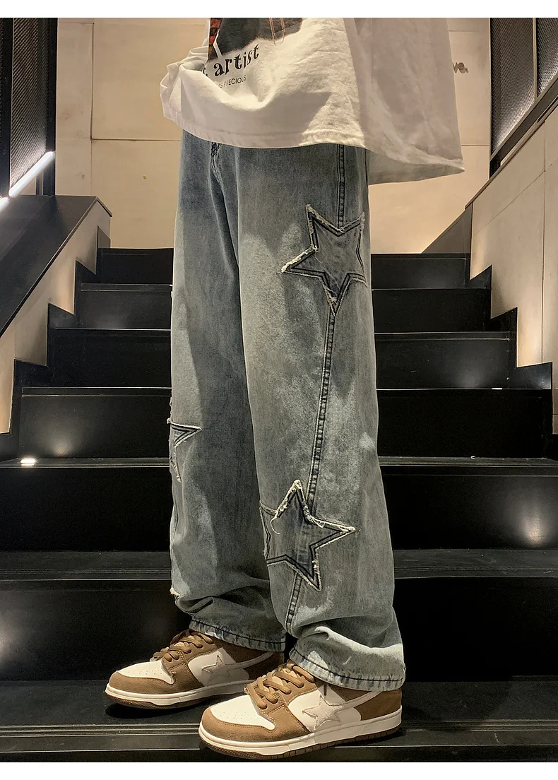 Y2K Vintage Women Jeans Streetwear Oversize Star Aesthetic Straight Trousers Wide Leg Grunge Denim Pant Men Clothes Korean Pants