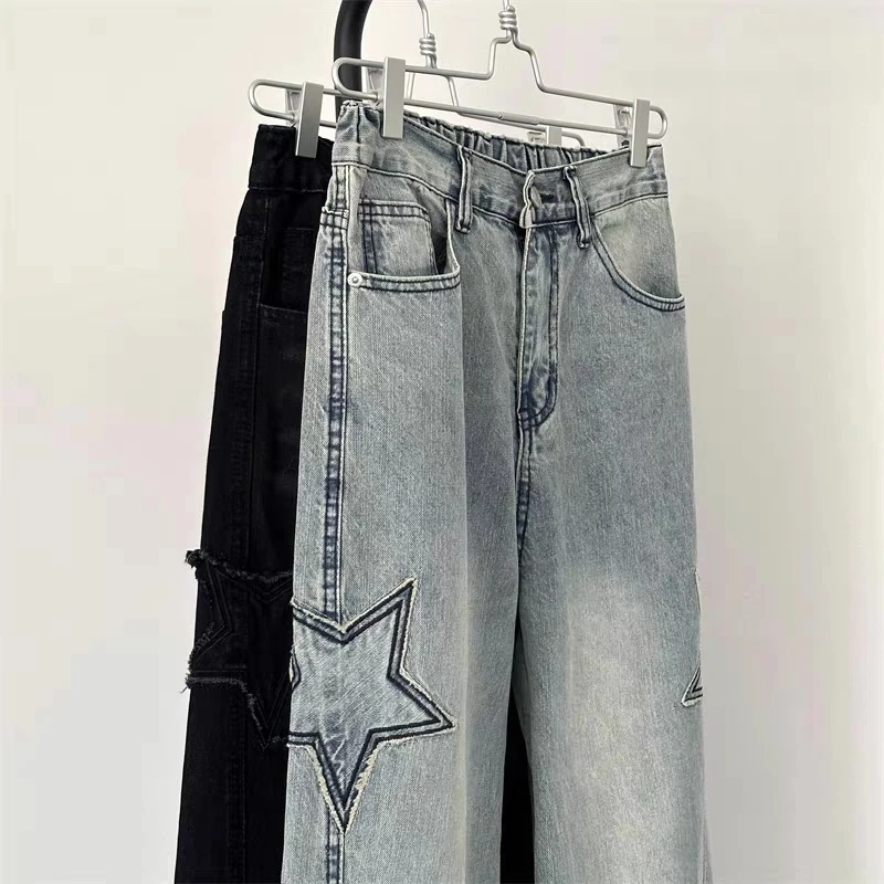 Y2K Vintage Women Jeans Streetwear Oversize Star Aesthetic Straight Trousers Wide Leg Grunge Denim Pant Men Clothes Korean Pants