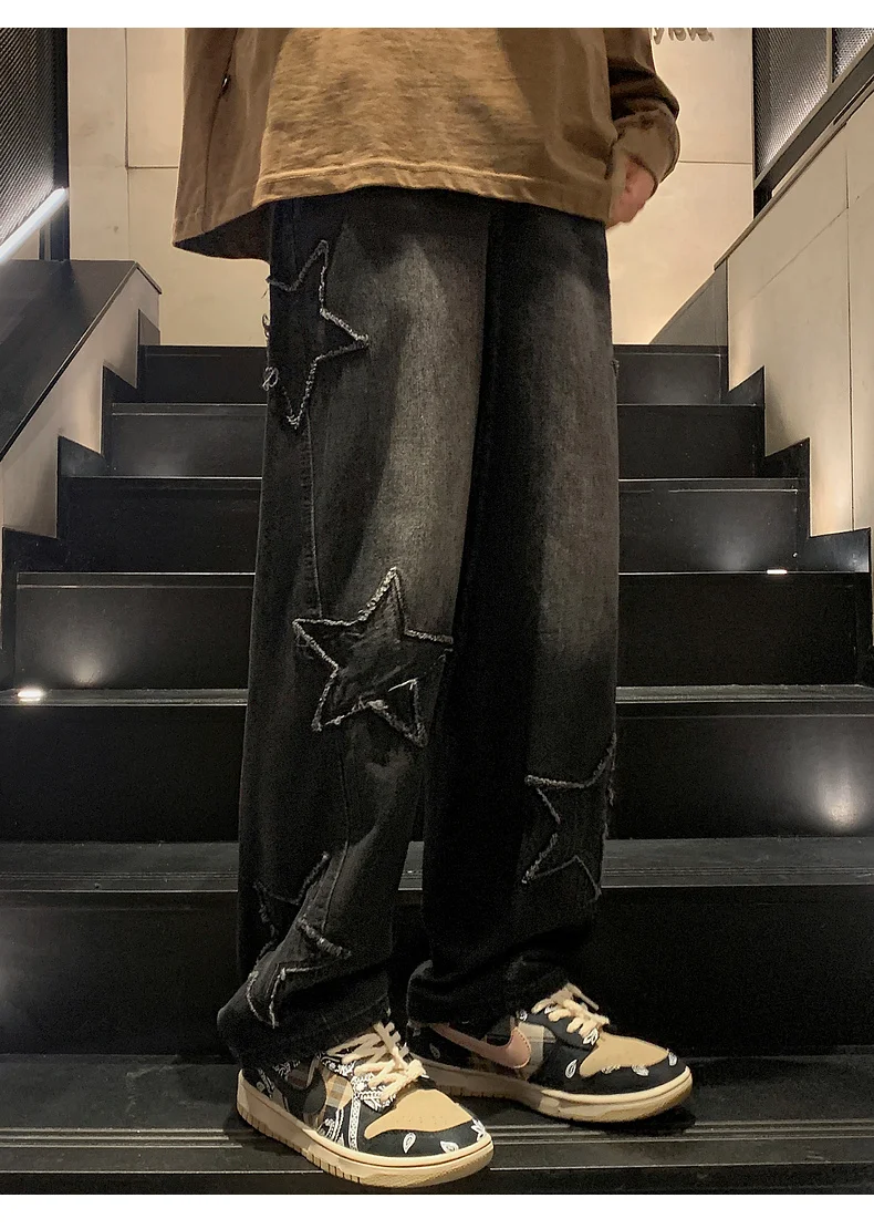 Y2K Vintage Women Jeans Streetwear Oversize Star Aesthetic Straight Trousers Wide Leg Grunge Denim Pant Men Clothes Korean Pants