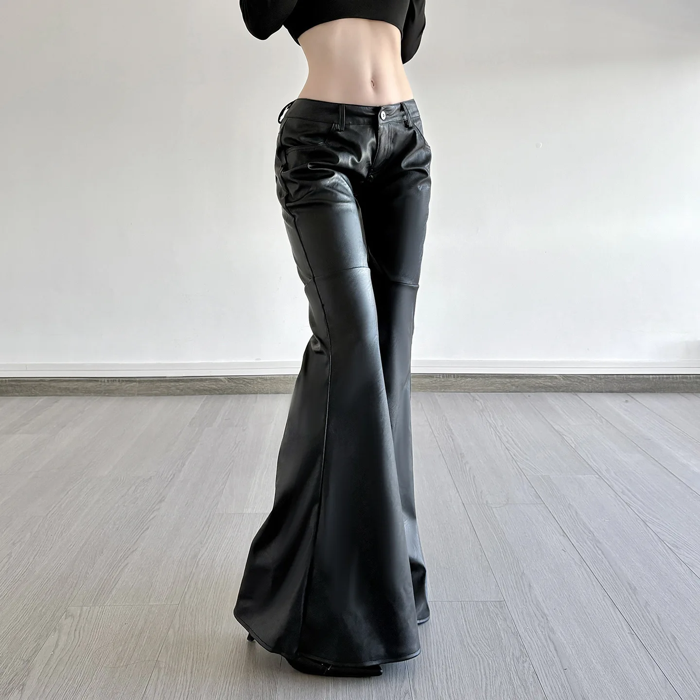 Women Low Waist PU Flared Pants Autumn New High Street Black Splicing American Simple Fashion Slim Leather Trousers
