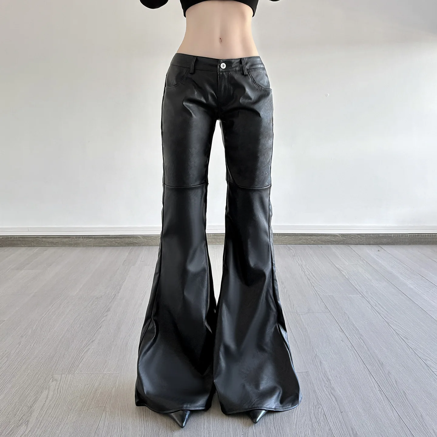 Women Low Waist PU Flared Pants Autumn New High Street Black Splicing American Simple Fashion Slim Leather Trousers