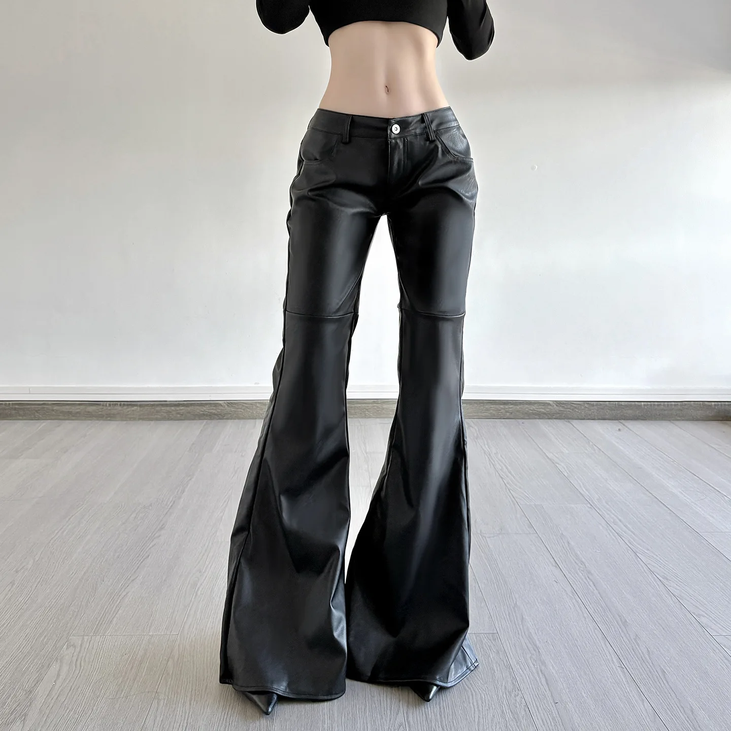 Women Low Waist PU Flared Pants Autumn New High Street Black Splicing American Simple Fashion Slim Leather Trousers