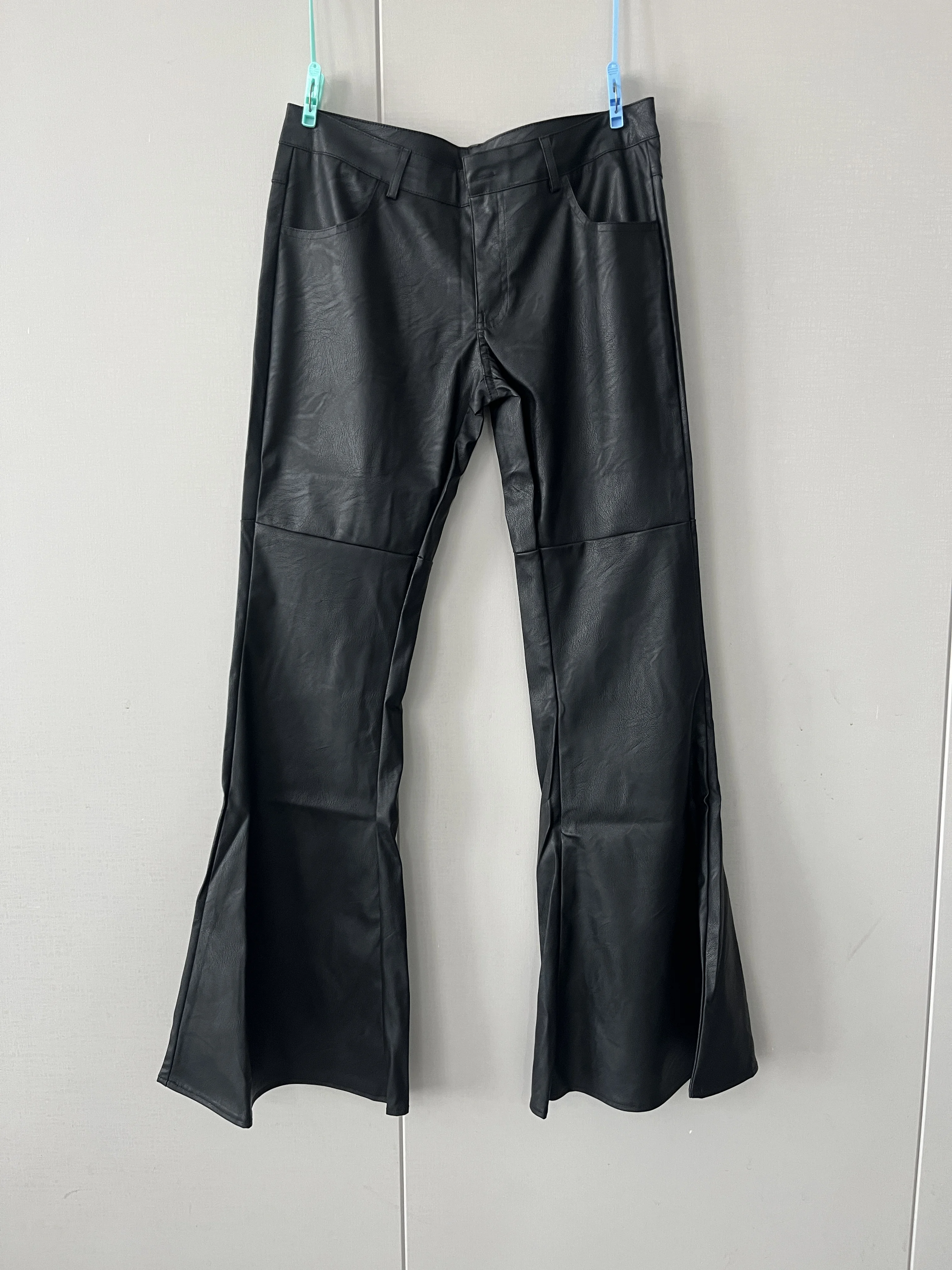Women Low Waist PU Flared Pants Autumn New High Street Black Splicing American Simple Fashion Slim Leather Trousers