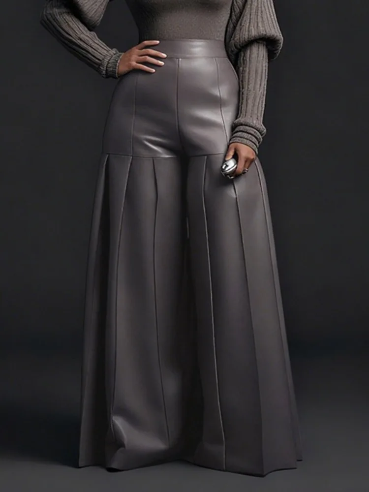 UOOZEE Women's Faux Leather Pleated Wide Leg Pants Solid Color High Waist Oversized Trousers Club Party Night Out Bottoms 2026