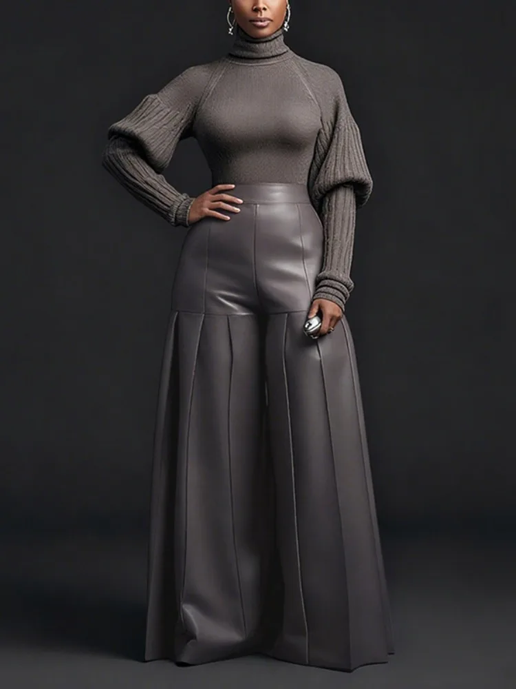UOOZEE Women's Faux Leather Pleated Wide Leg Pants Solid Color High Waist Oversized Trousers Club Party Night Out Bottoms 2026