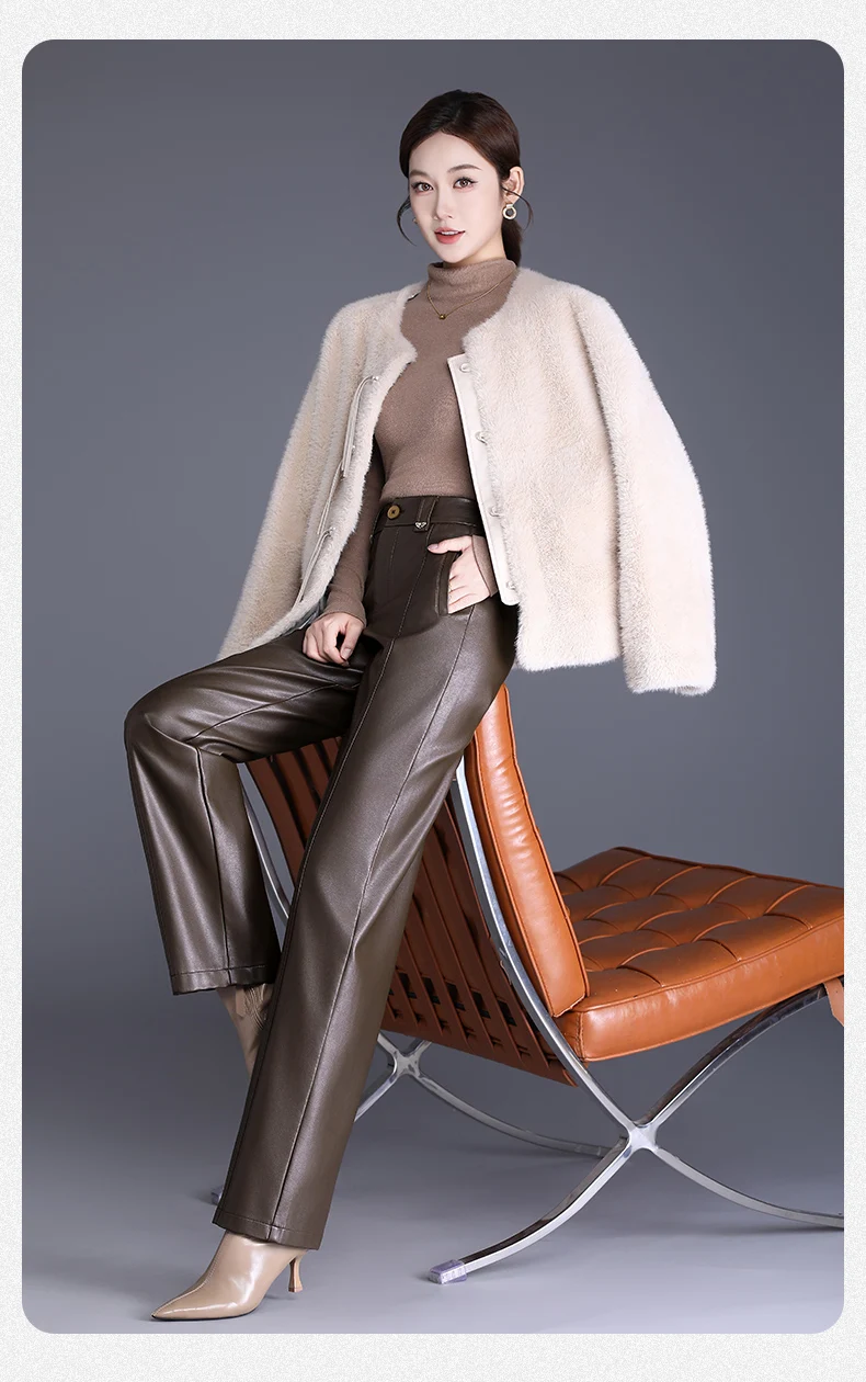 ZUZK New Straight PU Leather Long Pants Women Elastic Waist High Waist Autumn Winter Fashion Warm Elegant Leather Trousers