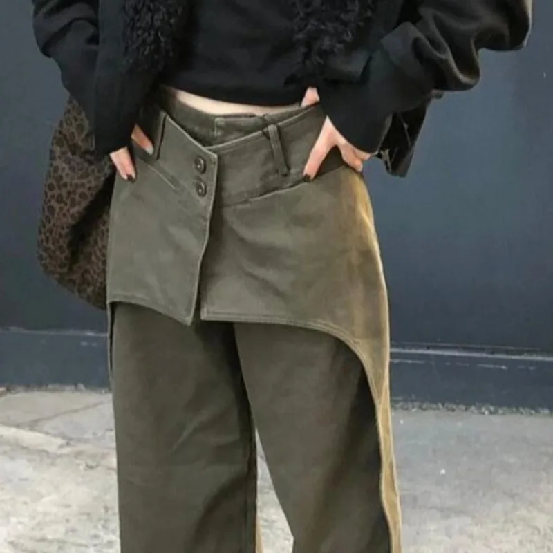 Matakawa Y2k Fake 2 Pieces Woman Pants Solid Streetwear Spring Autumn Loose Pantalones De Mujer Fashion Versatile Trousers