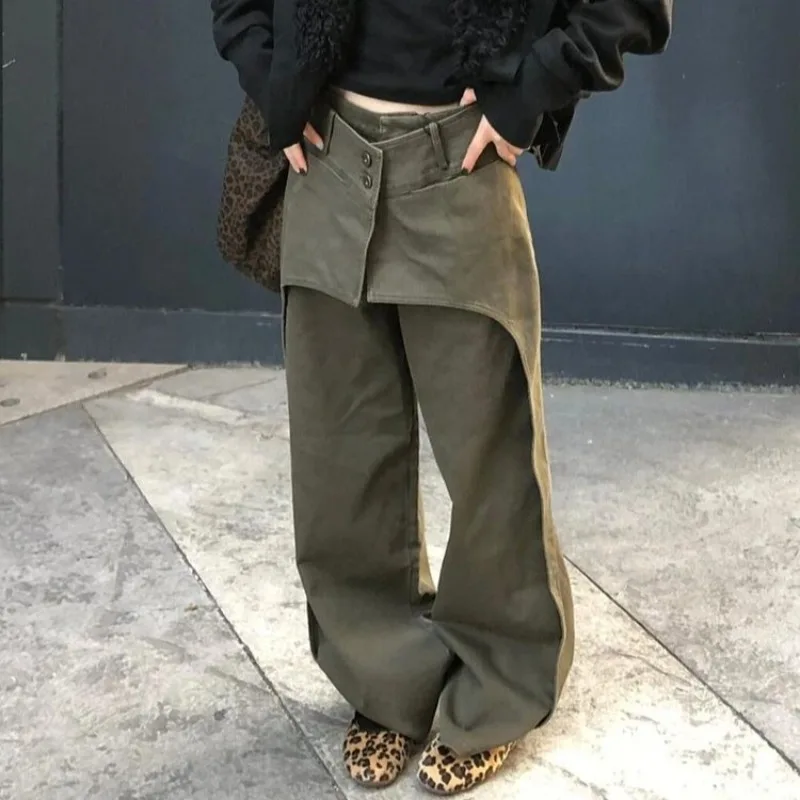 Matakawa Y2k Fake 2 Pieces Woman Pants Solid Streetwear Spring Autumn Loose Pantalones De Mujer Fashion Versatile Trousers