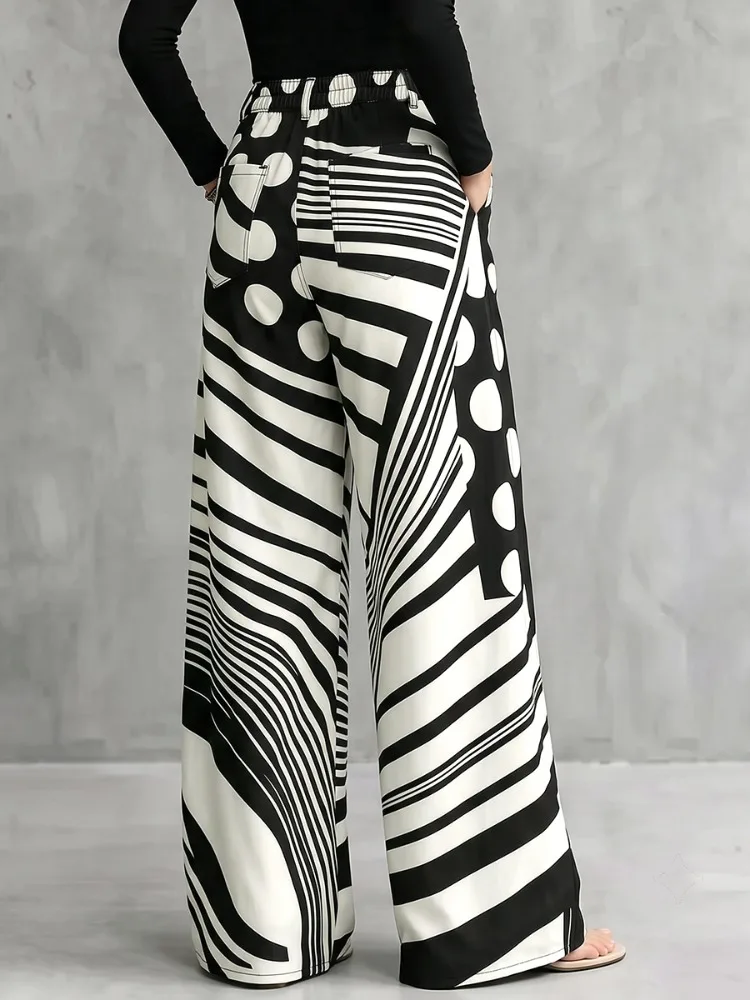 Yeezzi Women High Waist Wide Leg Pants Black White Polka‑Dot Stripe Patchwork Printed Loose Full‑Length Casual Fashion Trousers