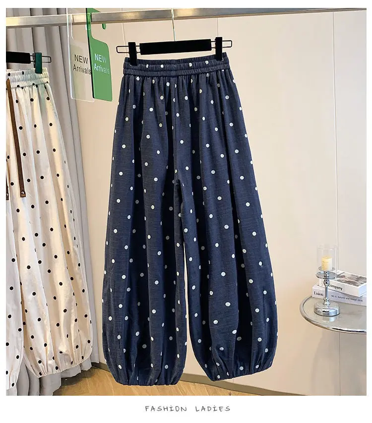 2026 summer cotton linen polka dot trousers Women's Loose Wide leg versatile nine point Harem Pants Korean version Lantern Pants