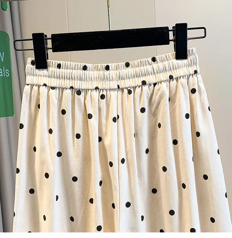2026 summer cotton linen polka dot trousers Women's Loose Wide leg versatile nine point Harem Pants Korean version Lantern Pants