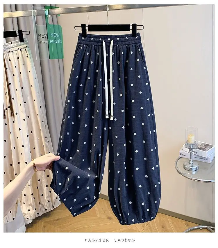 2026 summer cotton linen polka dot trousers Women's Loose Wide leg versatile nine point Harem Pants Korean version Lantern Pants