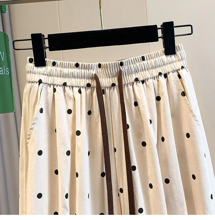 2026 summer cotton linen polka dot trousers Women's Loose Wide leg versatile nine point Harem Pants Korean version Lantern Pants