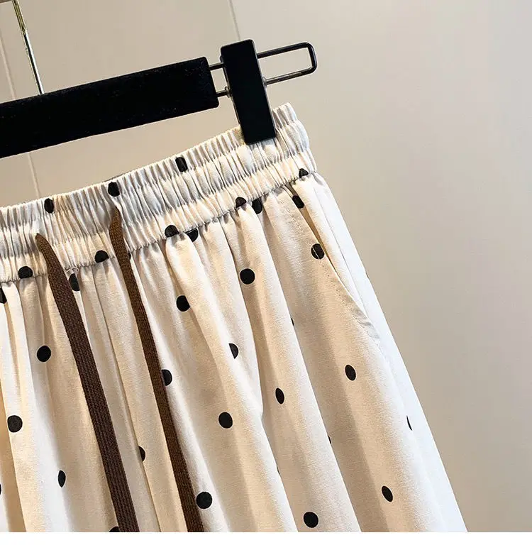 2026 summer cotton linen polka dot trousers Women's Loose Wide leg versatile nine point Harem Pants Korean version Lantern Pants