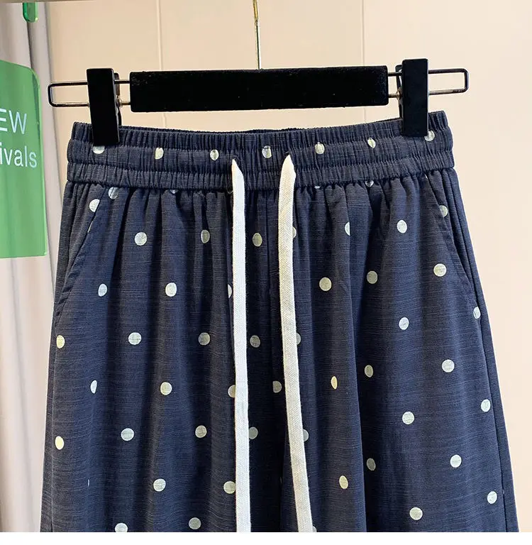 2026 summer cotton linen polka dot trousers Women's Loose Wide leg versatile nine point Harem Pants Korean version Lantern Pants