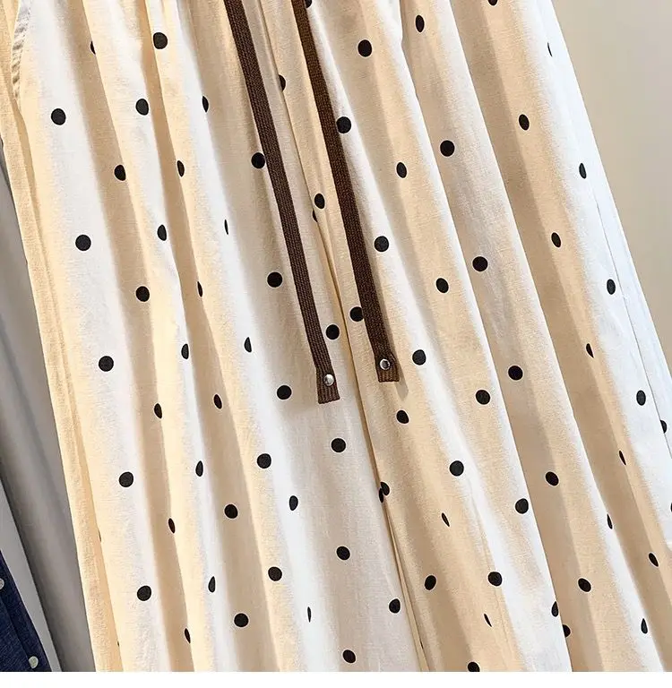 2026 summer cotton linen polka dot trousers Women's Loose Wide leg versatile nine point Harem Pants Korean version Lantern Pants