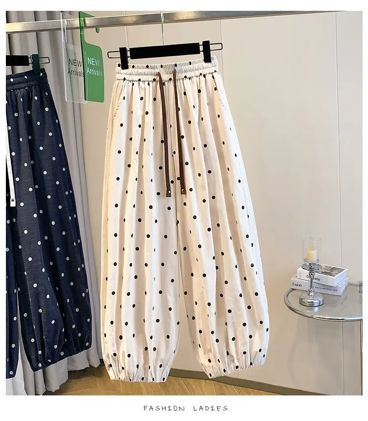 2026 summer cotton linen polka dot trousers Women's Loose Wide leg versatile nine point Harem Pants Korean version Lantern Pants
