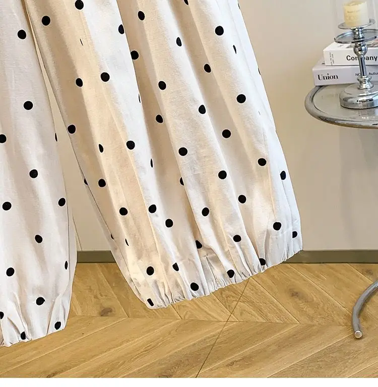 2026 summer cotton linen polka dot trousers Women's Loose Wide leg versatile nine point Harem Pants Korean version Lantern Pants