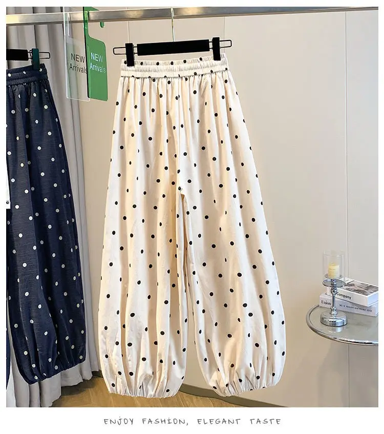 2026 summer cotton linen polka dot trousers Women's Loose Wide leg versatile nine point Harem Pants Korean version Lantern Pants