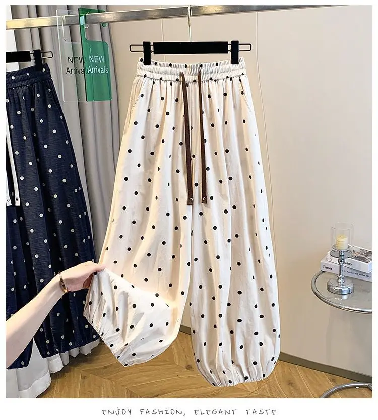 2026 summer cotton linen polka dot trousers Women's Loose Wide leg versatile nine point Harem Pants Korean version Lantern Pants