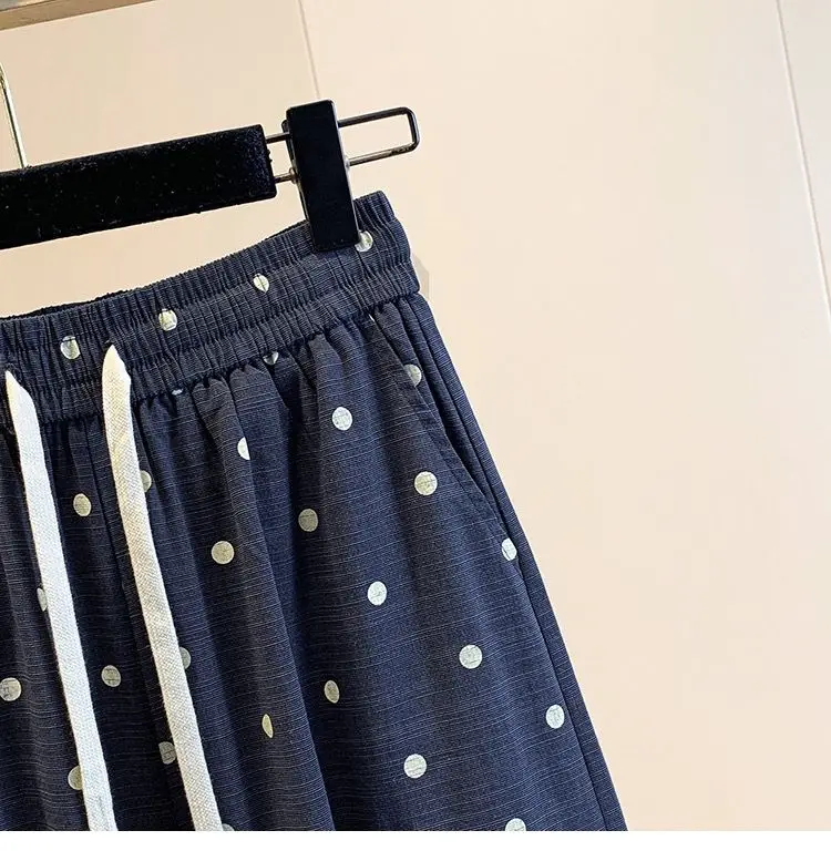 2026 summer cotton linen polka dot trousers Women's Loose Wide leg versatile nine point Harem Pants Korean version Lantern Pants