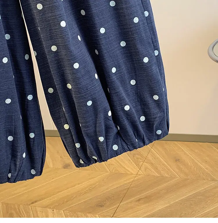 2026 summer cotton linen polka dot trousers Women's Loose Wide leg versatile nine point Harem Pants Korean version Lantern Pants