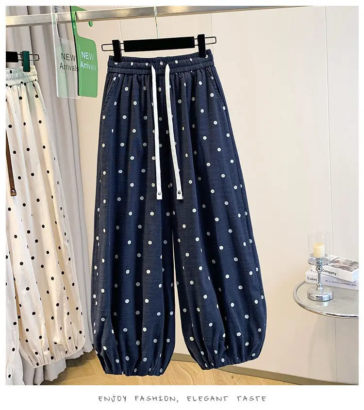 2026 summer cotton linen polka dot trousers Women's Loose Wide leg versatile nine point Harem Pants Korean version Lantern Pants