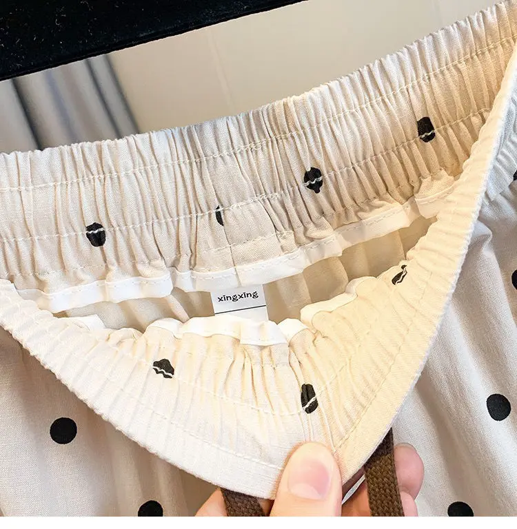 2026 summer cotton linen polka dot trousers Women's Loose Wide leg versatile nine point Harem Pants Korean version Lantern Pants