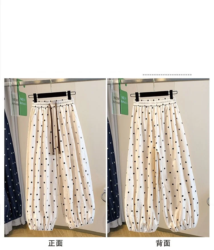 2026 summer cotton linen polka dot trousers Women's Loose Wide leg versatile nine point Harem Pants Korean version Lantern Pants