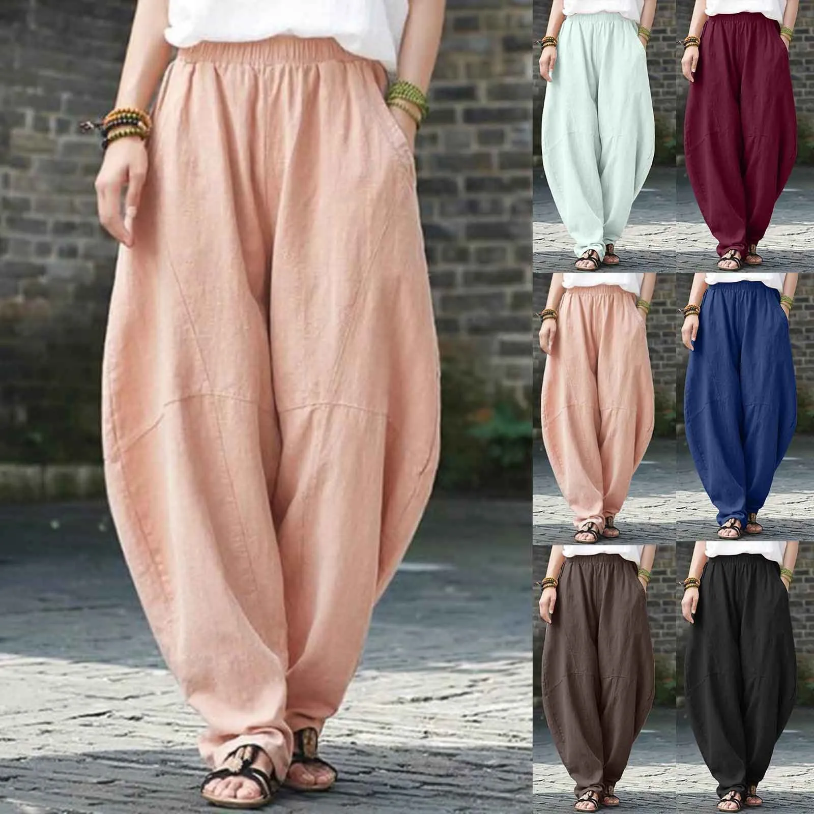 Oversize Linen Pants Women Bloomers Korean Fashion Solid Loose Wide Leg Pants Retro Hippie Yoga Straight Pants For Women 2025