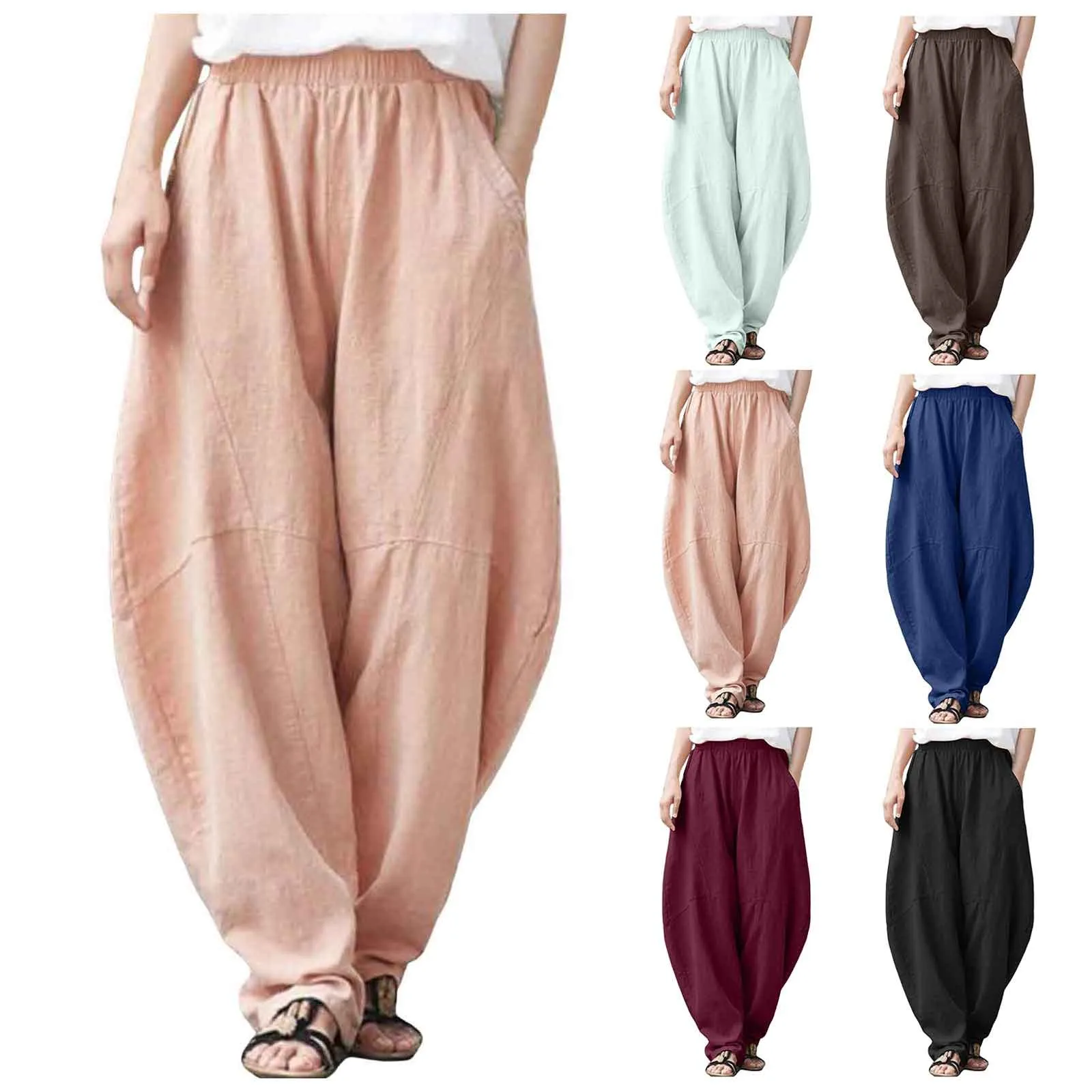 Oversize Linen Pants Women Bloomers Korean Fashion Solid Loose Wide Leg Pants Retro Hippie Yoga Straight Pants For Women 2025