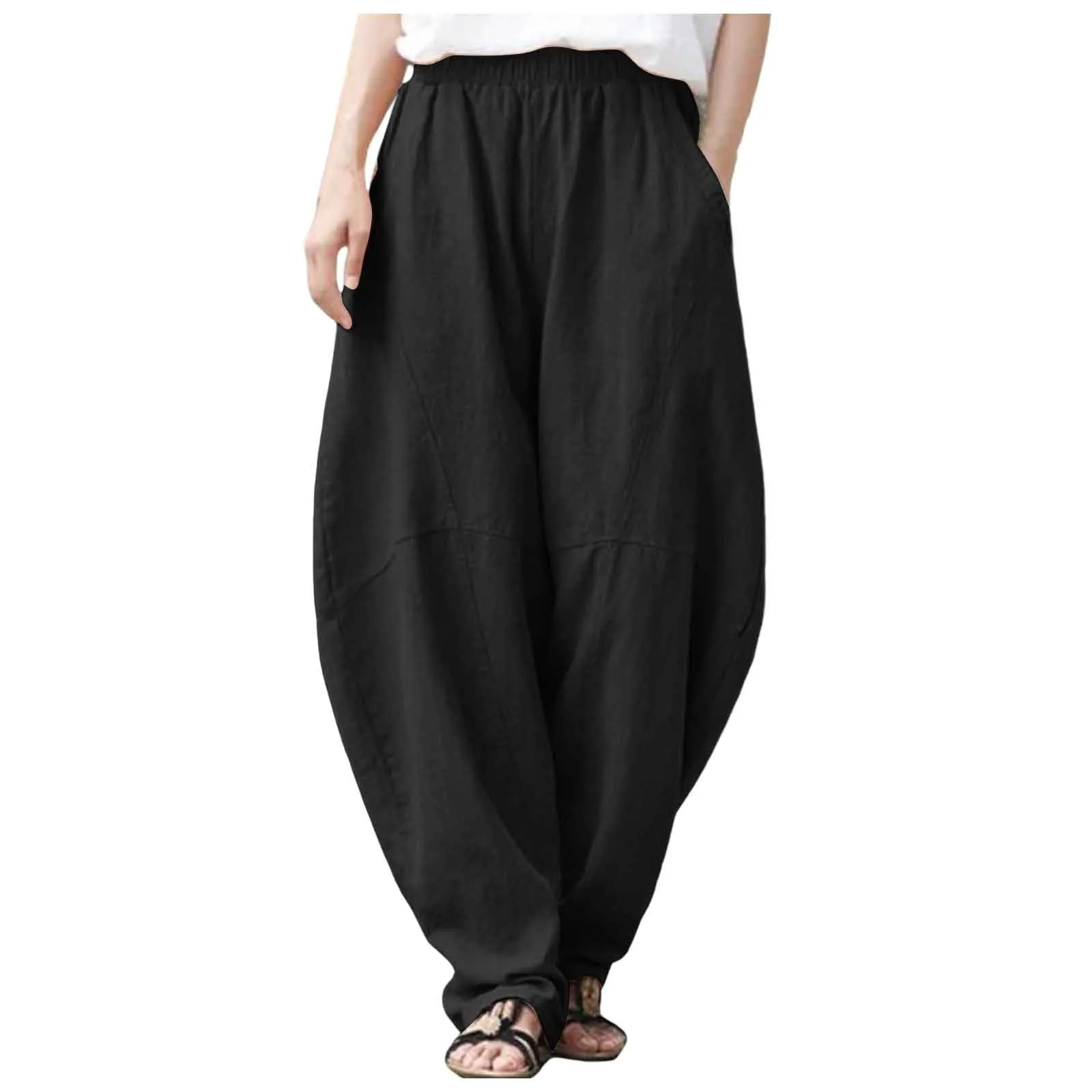 Oversize Linen Pants Women Bloomers Korean Fashion Solid Loose Wide Leg Pants Retro Hippie Yoga Straight Pants For Women 2025