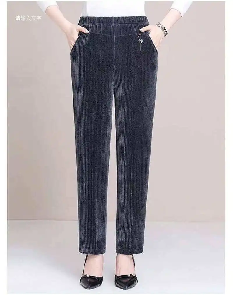 7XL 8XL Middle Aged Women Corduroy Pants Autumn Winter Elastic High Waist Large Size Straight Pants Loose Thick Mother Trousers
