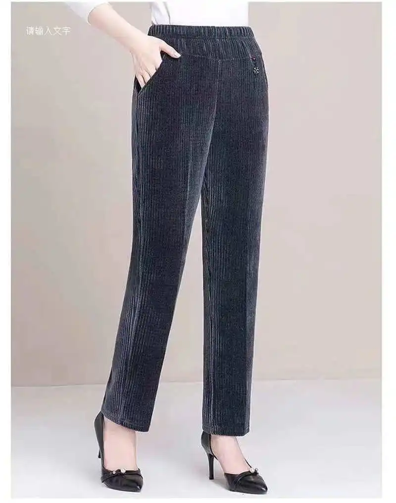 7XL 8XL Middle Aged Women Corduroy Pants Autumn Winter Elastic High Waist Large Size Straight Pants Loose Thick Mother Trousers