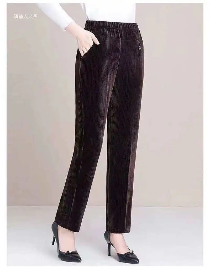 7XL 8XL Middle Aged Women Corduroy Pants Autumn Winter Elastic High Waist Large Size Straight Pants Loose Thick Mother Trousers