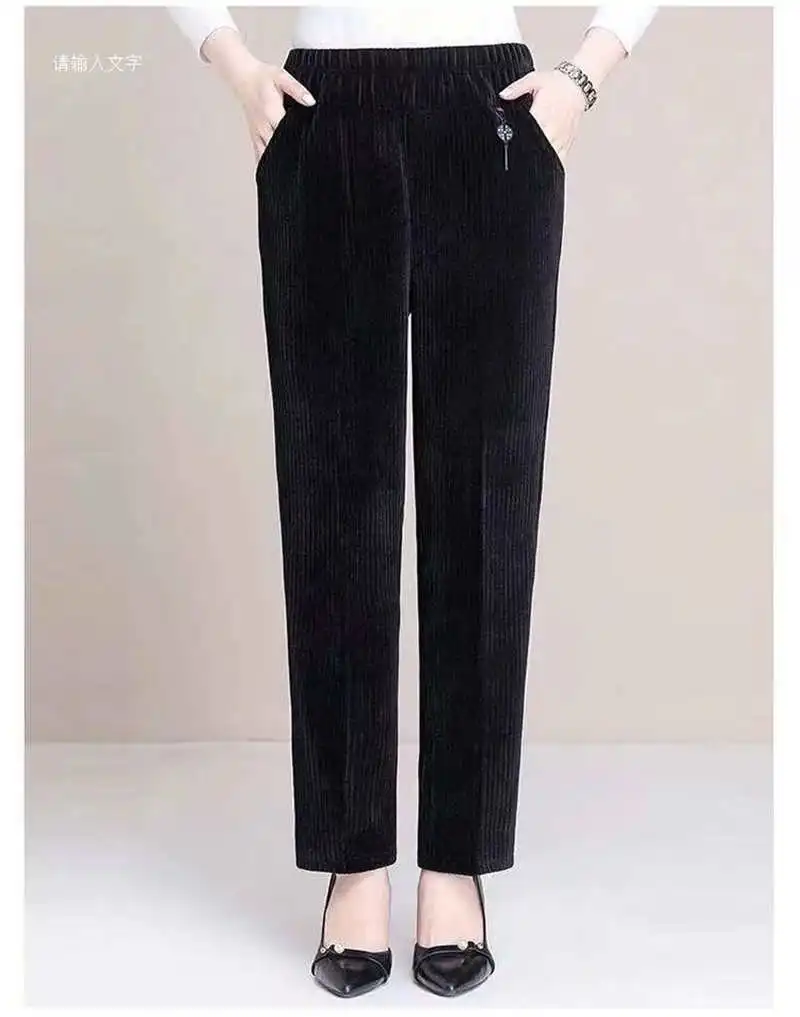 7XL 8XL Middle Aged Women Corduroy Pants Autumn Winter Elastic High Waist Large Size Straight Pants Loose Thick Mother Trousers