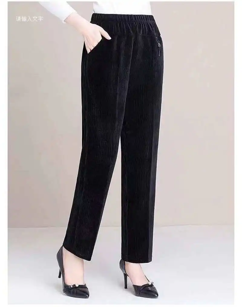 7XL 8XL Middle Aged Women Corduroy Pants Autumn Winter Elastic High Waist Large Size Straight Pants Loose Thick Mother Trousers