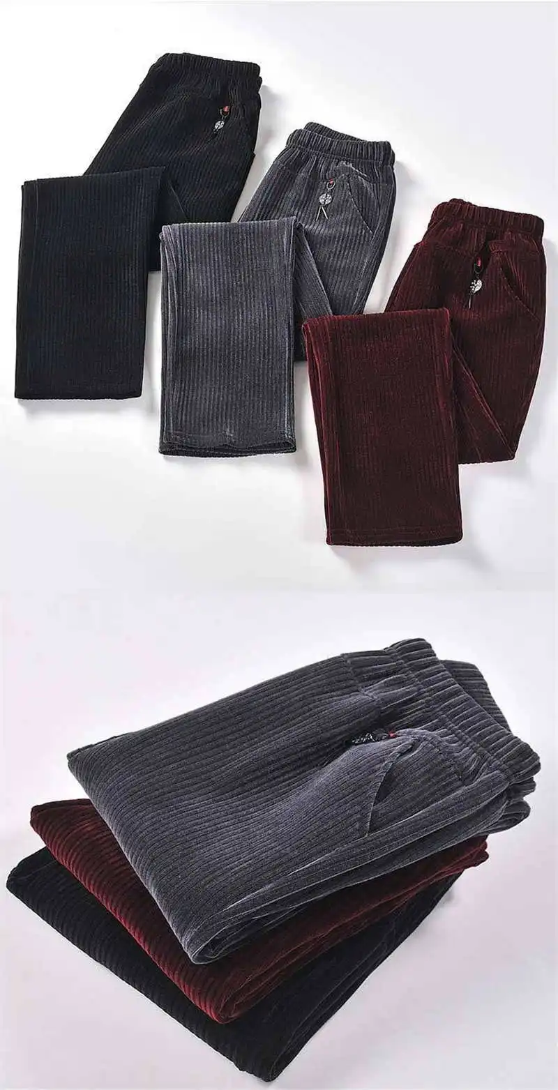 7XL 8XL Middle Aged Women Corduroy Pants Autumn Winter Elastic High Waist Large Size Straight Pants Loose Thick Mother Trousers