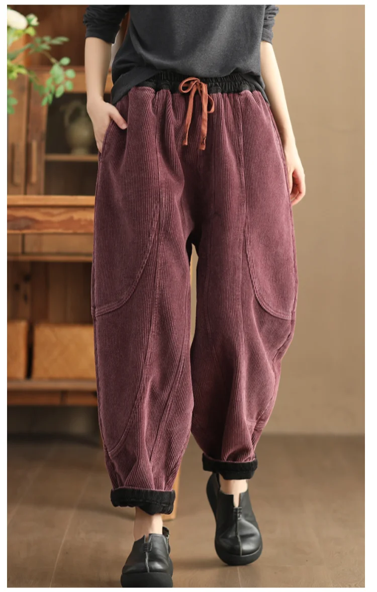 Amax luluE Winter Fashion Corduroy Pants Womens Leisure Loose Vintage Fur Harem Trousers Ladies Classic Luxury Elegant Clothes
