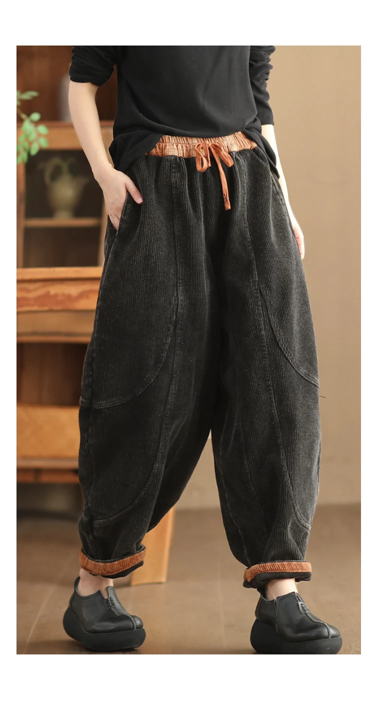 Amax luluE Winter Fashion Corduroy Pants Womens Leisure Loose Vintage Fur Harem Trousers Ladies Classic Luxury Elegant Clothes