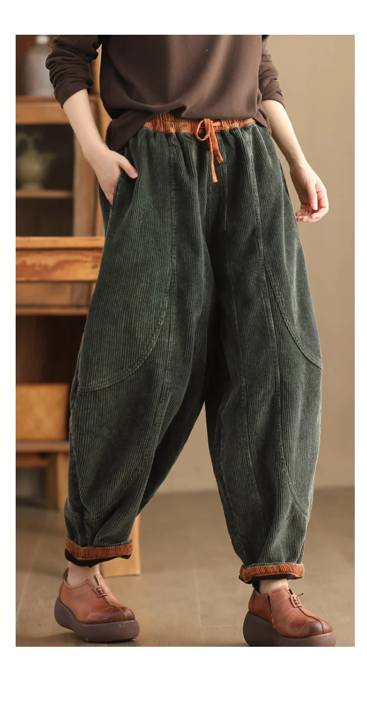 Amax luluE Winter Fashion Corduroy Pants Womens Leisure Loose Vintage Fur Harem Trousers Ladies Classic Luxury Elegant Clothes