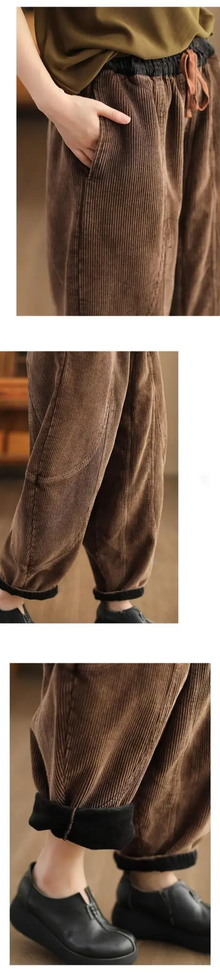 Amax luluE Winter Fashion Corduroy Pants Womens Leisure Loose Vintage Fur Harem Trousers Ladies Classic Luxury Elegant Clothes